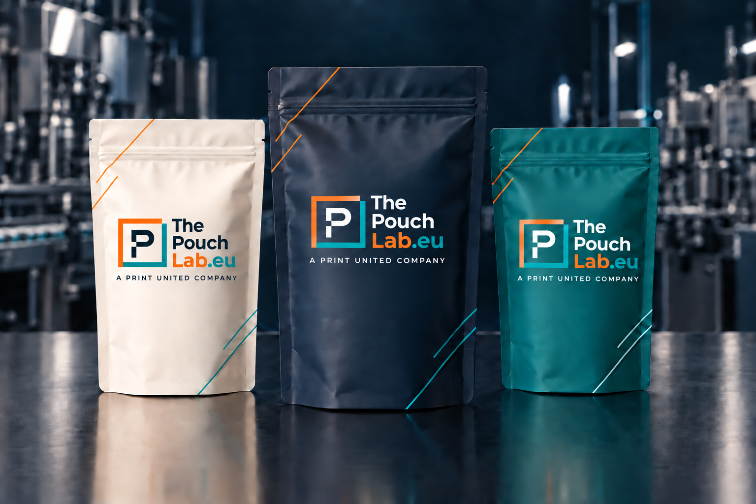 Three premium ivory, navy and teal pouches with The Pouch Lab logo